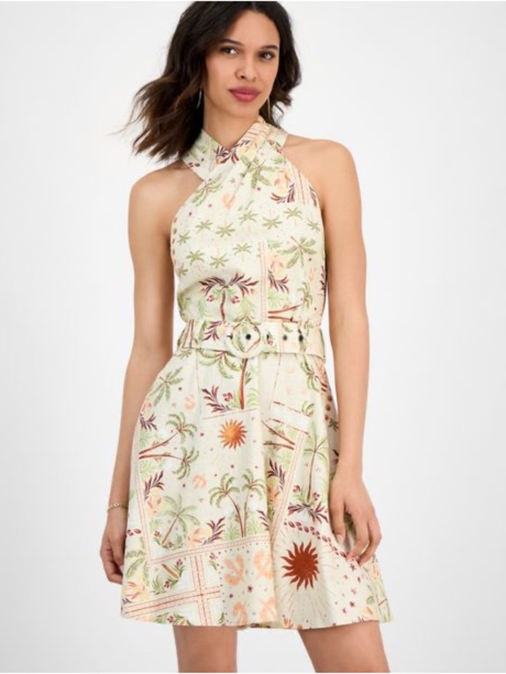 RACHEL Rachel Roy Palm Print Linen Blend Joanna Belted A-Line Dress